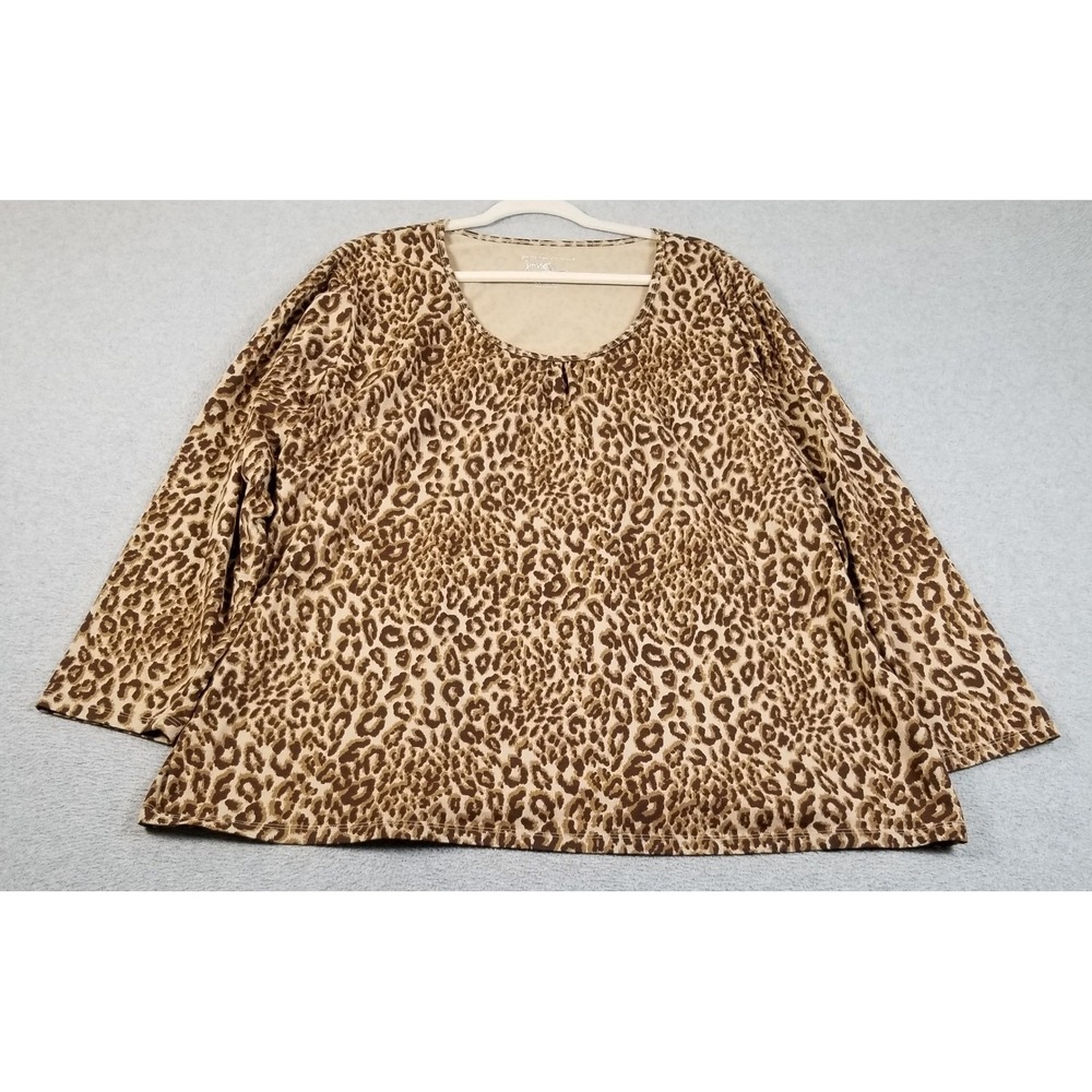 Just My Size JMS Top Womens 4X Plus Brown Leopard Print Long Sleeve Cotton Tee
